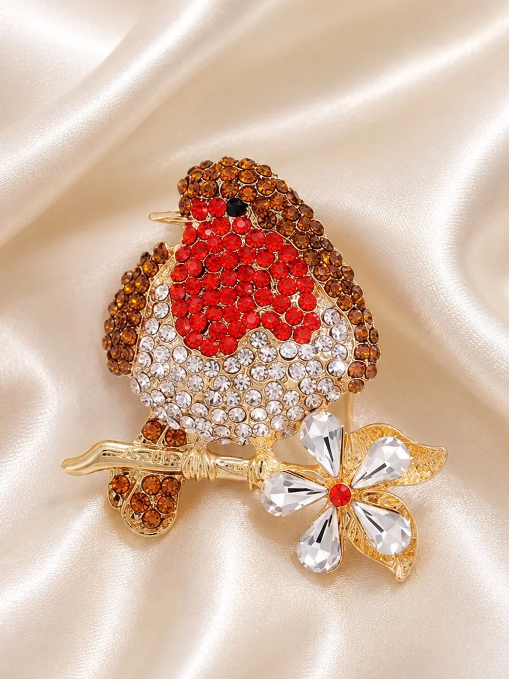Crystal Robin Bird Floral Brooch